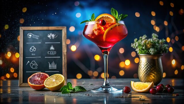 Elegant cocktail recipe card design featuring colorful illustrations and stylish typography elements