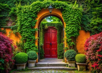 Elegant Door Archway Framed by Lush Greenery in a Serene Outdoor Setting Capturing Tranquility
