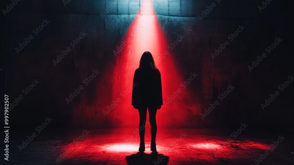 Poster in a dimly lit room, a single spotlight reveals a shadowy figure, creating a tense atmosphere filled