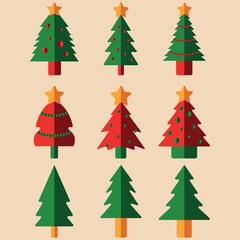 A set of nine stylized Christmas trees with simple geometric shapes and decorative elements. Each tree is topped with a star and features different ornamentation, perfect for festive designs.