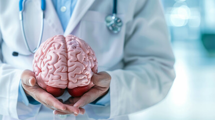 Brain disease, Doctor holding tablet with human brain model to treat and study in hospital.