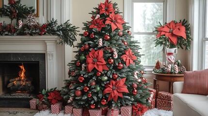 Naklejka premium A festive Christmas tree covered in red and green baubles, striped candy canes, and classic red bows, placed in a living room with a fireplace and traditional holiday decor,