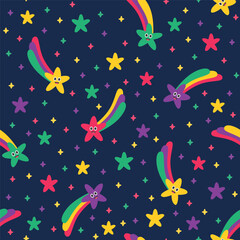 seamless pattern repeating cartoon colorful stars falling in outer space, suitable for children's design needs, cloth, wrapping paper, textile, cloth, digital and others