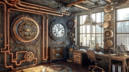 Home office with a Steampunk theme, featuring vintage gears, copper pipes, and a mechanical clock Inventive and eclectic