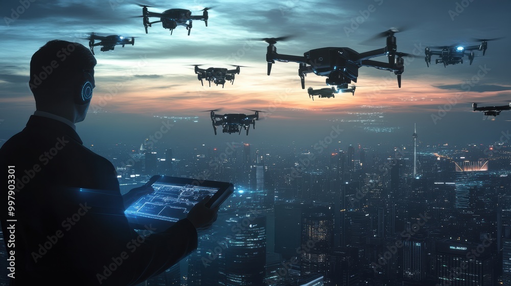 Aufkleber A skilled drone pilot maneuvers multiple advanced drones using a touchpad in a high-tech control center during twilight. Generative AI
