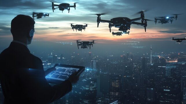 A skilled drone pilot maneuvers multiple advanced drones using a touchpad in a high-tech control center during twilight. Generative AI