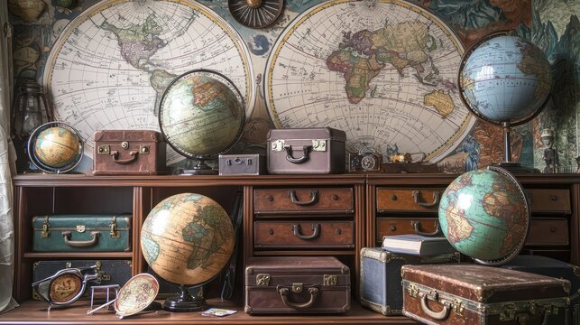Home office with a travel theme, featuring a collection of globes, vintage suitcases as storage, and maps as wallpaper Adventurous and worldly