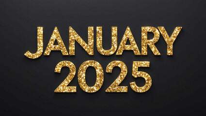 january 2025 word lettering with glitter gold shining effect on plain black background