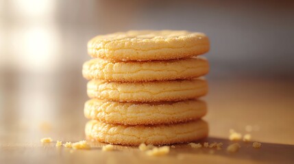 A stack of five plain cookies on a wooden table.