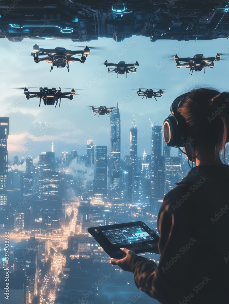 Aufkleber in a high-tech control center, a drone pilot skillfully manages a swarm of sleek drones over a vibra
