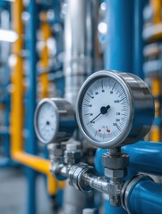 Industrial Pressure Gauge and Pipeline Close Up