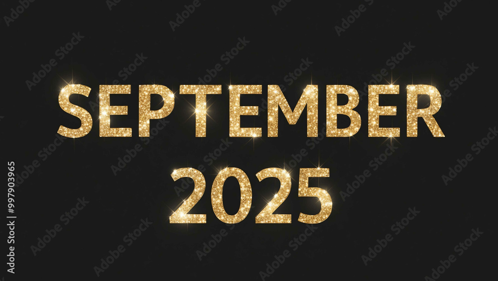 Wall mural september 2025 word lettering with glitter gold shining effect on plain black background