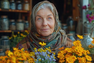 Elderly Woman at Traditional Flower Market with Warm Smile