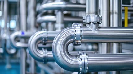 Industrial Piping System  Shiny Metal Pipes  Manufacturing Facility  Close up