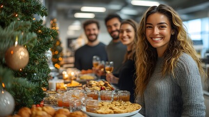 Office Christmas celebration with a festive tree, holiday snacks, and happy employees