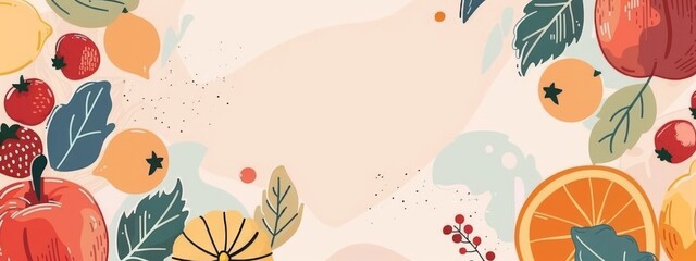 Naklejka premium Autumn fruits, vegetables and leaves frame on light background, seasonal illustration with copyspace for your text, autumn harvest or Thanksgiving celebration