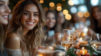 Office team sharing holiday gifts and enjoying a Christmas lunch together