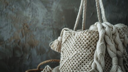 Green Knitted Tote Bag with Fresh Flowers on Grey Background