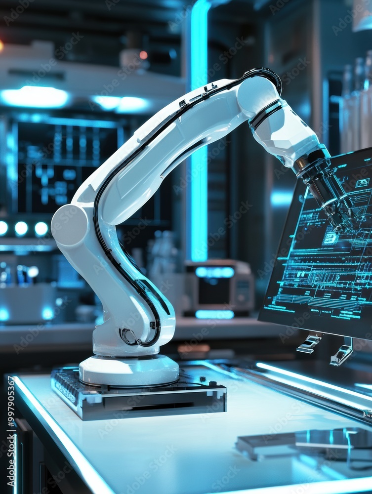 Fototapete a robotic arm expertly assembles intricate machinery in a sleek lab featuring illuminated panels and