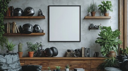 Modern interior with shelves, plants, and motorcycle helmets.
