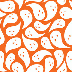 halloween seamless pattern, pattern of group of flying ghosts on orange background