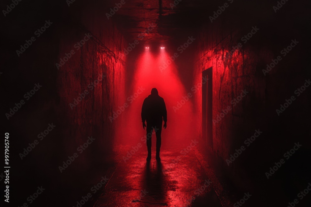 Poster in a dimly lit corridor, a solitary figure is showcased under a spotlight, surrounded by deep red an