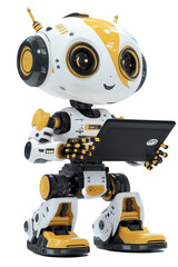 Cute Futuristic Robot Holding a Laptop, Smiling and Ready to Assist with Technology Tasks