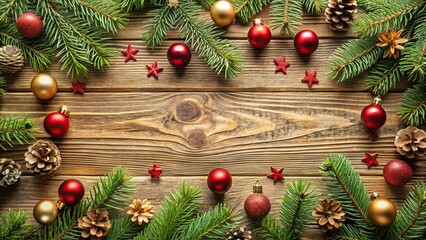 festive Christmas background with fir branches and decorations reflected