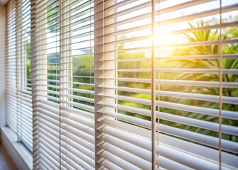 Elegant White Blinds Casting Soft Shadows in a Bright Room with Natural Light Streaming In