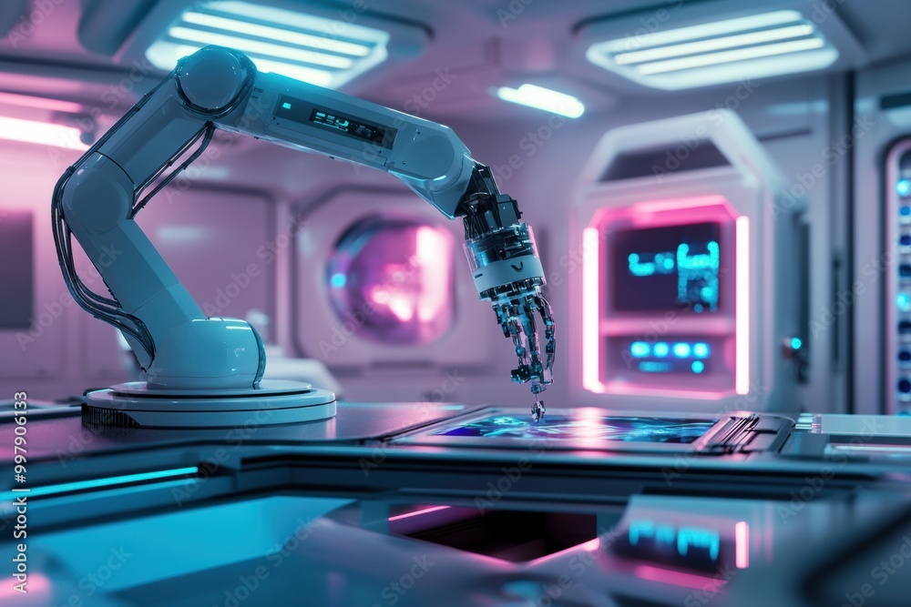 Leinwandbilder a robotic arm constructs intricate machinery in a modern lab, surrounded by luminous panels and inte