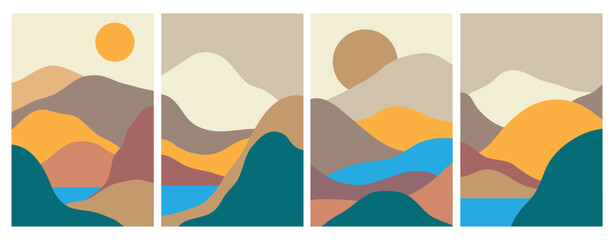 Obraz premium Set of creative abstract mountain landscape and mountain range backgrounds.Mid century modern vector illustrations with hand drawn mountains,sea or lake,sky,sun and moon.Trendy