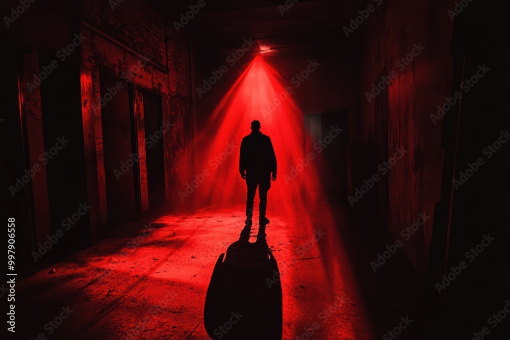 Poster deep colors of black and red envelop the space as a solitary figure looms in the spotlight, evoking 