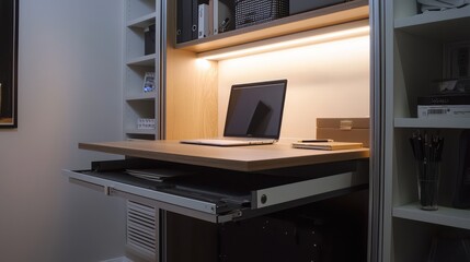 Fototapeta premium Small space home office in a closet with a pull-out desk, built-in shelves, and soft LED lighting Compact and hidden