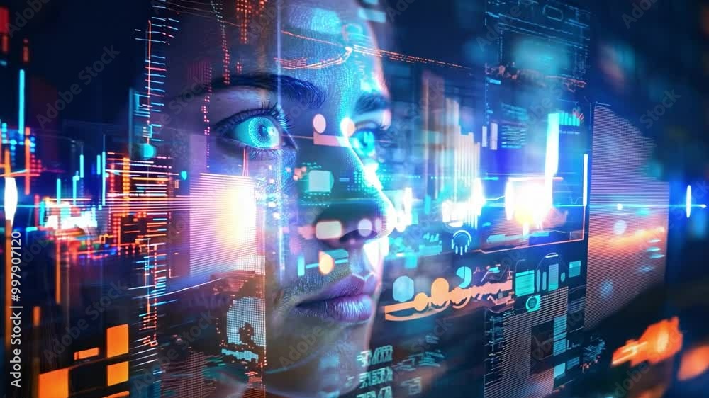 Poster A person with intense focus observes colorful data projections, capturing the essence of technology and the future of artificial intelligence.