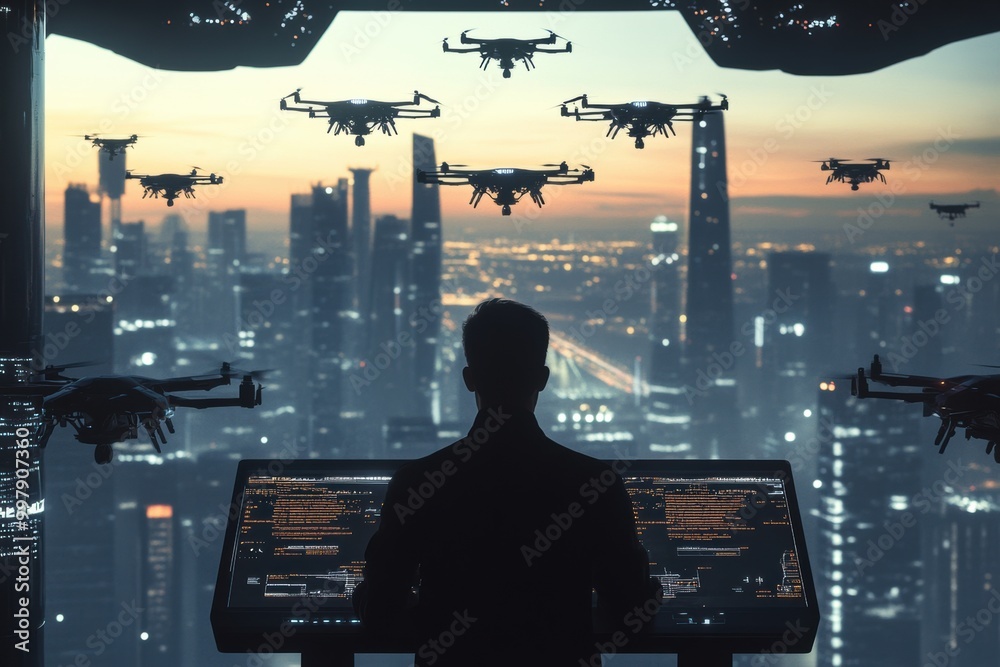 Aufkleber in a high-tech control center, a pilot commands multiple sleek drones flying above a vibrant city sk