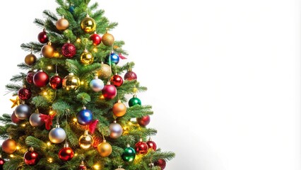 Festive Christmas tree decorated with ornaments and lights at a tilted angle