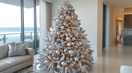 A glamorous silver Christmas tree adorned with glittering silver ornaments, sleek silver ribbons, and sparkling icicle decorations,