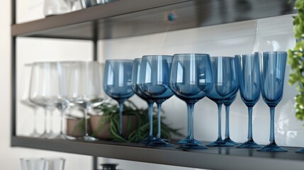 Elegant Blue Wine Glasses on Modern Kitchen Shelf