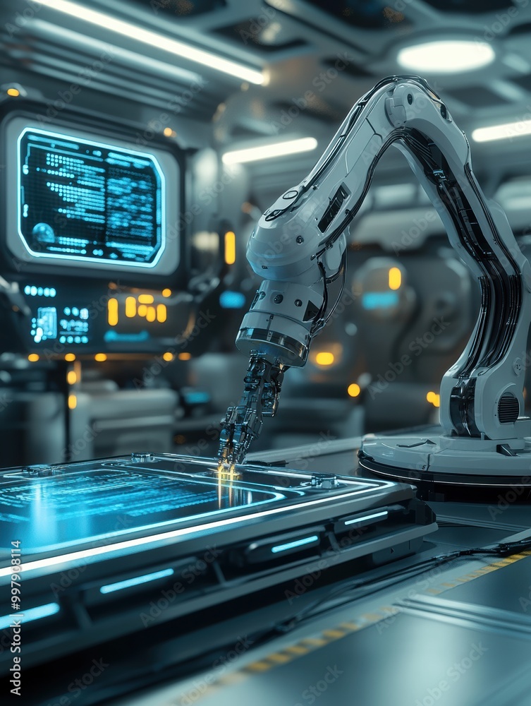 Aufkleber a robotic arm works meticulously to assemble intricate machinery in a modern lab filled with hologra