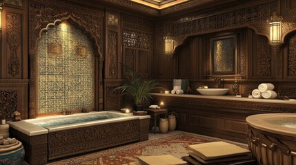 A luxurious Indian spa suite with ornate carved wooden furniture