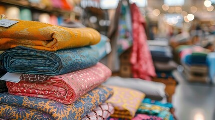 Colorful Fabric Rolls Displayed in Textile Shop
