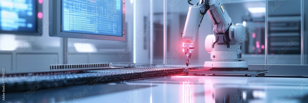 Fototapete a robotic arm meticulously assembles complex machinery in a state-of-the-art laboratory illuminated 