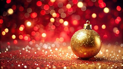 Fototapeta premium Festive gold Christmas decoration with bokeh on red background with shallow depth of field