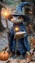 A whimsical, magical creature clad in a blue cloak and wizard hat, holding a staff and book, surrounded by autumn leaves and a pumpkin.