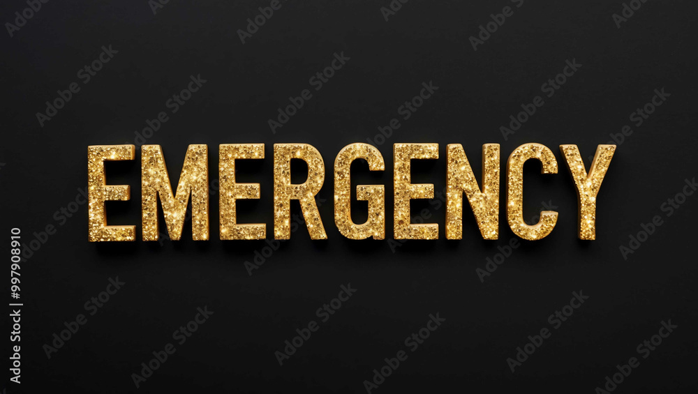 Wall mural emergency word lettering with glitter gold shining effect on plain black background