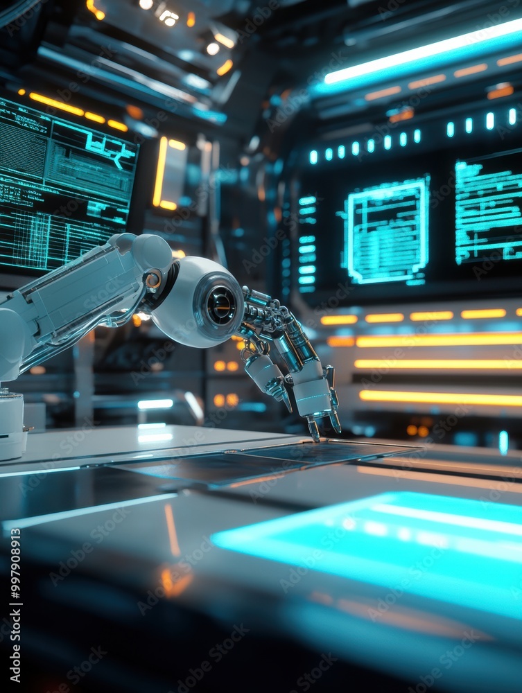 Fototapete the robotic arm expertly assembles complex machinery in a cutting-edge laboratory filled with lumino
