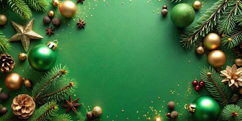 Festive green Christmas background adorned with decorations in forced perspective