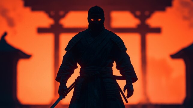A mysterious ninja silhouette stands against a fiery orange background, exuding an aura of stealth and intrigue in a traditional Asian setting.
