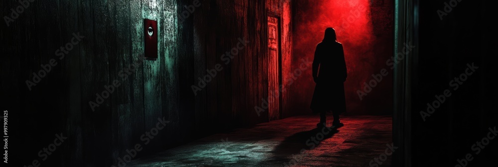 Aufkleber a shadowy figure is illuminated by a spotlight in a dark corridor, surrounded by deep red and black 
