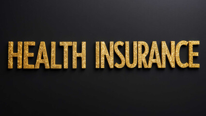 health insurance word lettering with glitter gold shining effect on plain black background